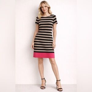 Banana Republic Dress | Black Beige Stripe Pink Hem | Short Sleeve | Size 10